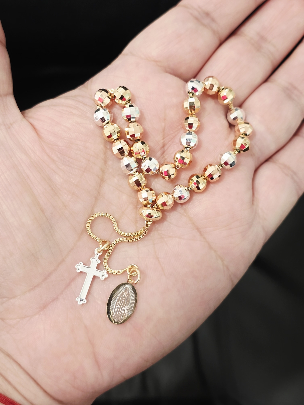 Gold and Silver Rosary Bracelet with Cross and Medal